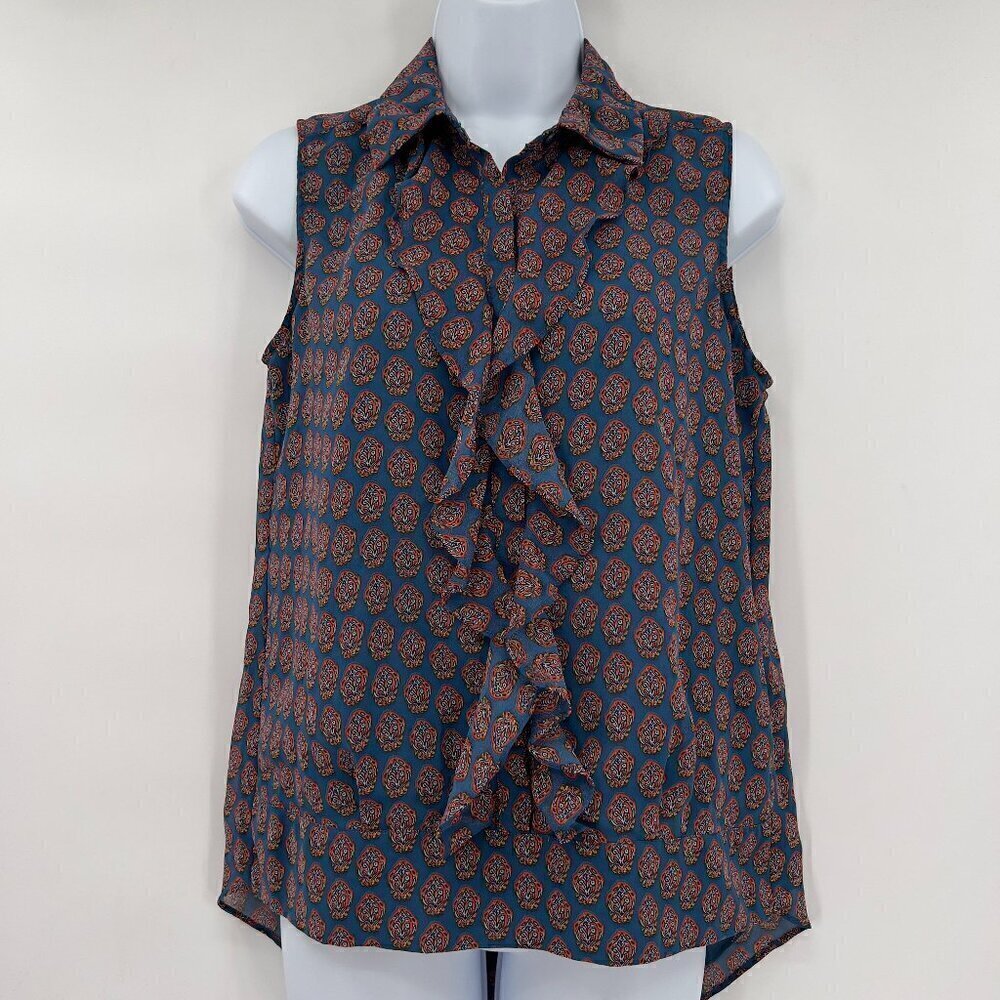 CABI Sleeveless Medallion Reign Ruffled Teal/ Orange Top/Blouse Size XS